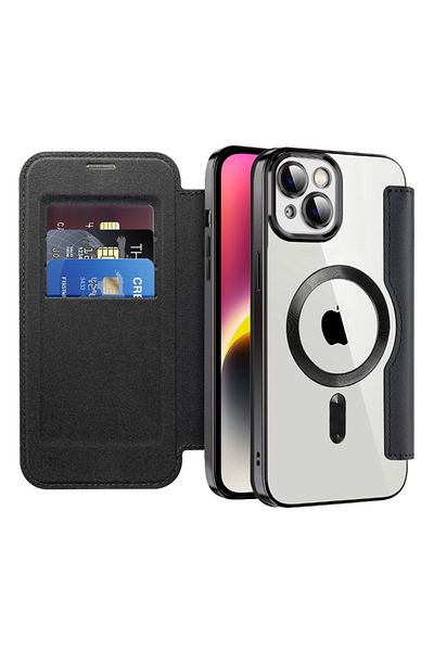 SKYDDAR INNOVATION Case for iPhone 14, SmartMag Book, Magsafe, RFiD, Card Holder, sticker set, Black