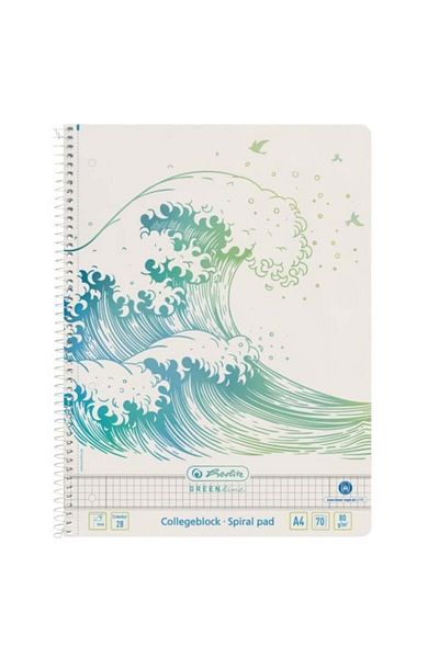 Herlitz Caiet Greenline A4, Culoare Albastră, Material Hârtie, 70 de Coli, Legat Spiral, Format Grilă, Design Ondulat