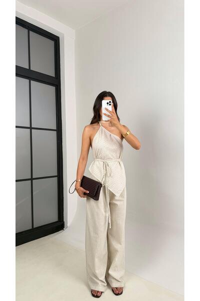 Gaus بلوزة بقصة غير متماثلة وخطوط حجرية وتصميم بنطلون بالازو طقم كتان Gaus00677