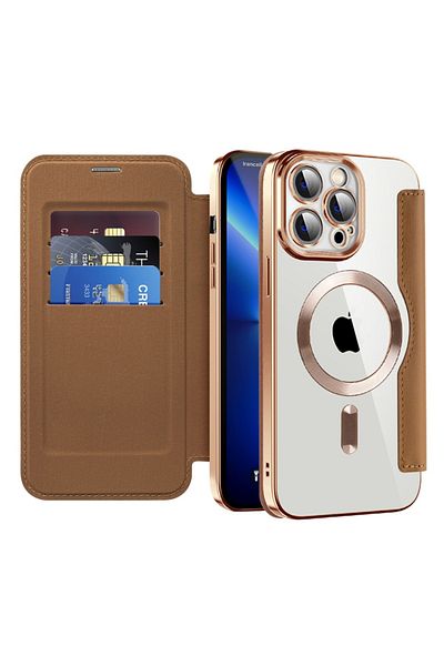 SKYDDAR INNOVATION Case for iPhone 13 Pro Max, SmartMag Book, Magsafe, RFiD, Card Holder, sticker set, Brown