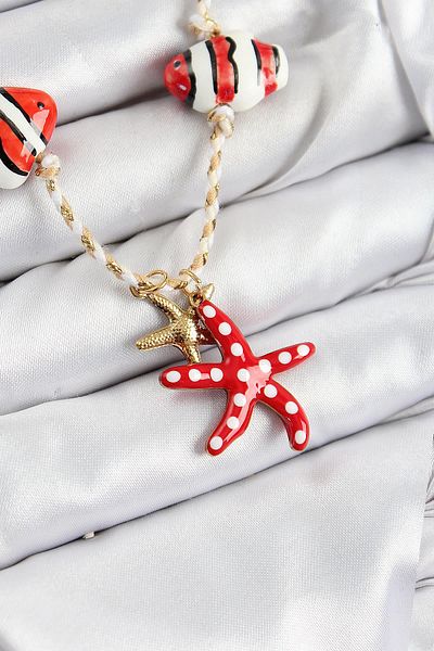 Celira Ceramic Motif Starfish Figured Model Cream Thread Women's Necklace