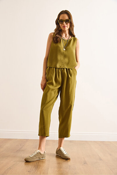 Olalook Women's Oil Green Top Blouse Bottom Pocket Pants Soft Texture Suit Tkm-19000411