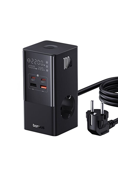 Baseus Încărcător PowerCombo cu prelungitor, 100W, 2x AC, 2x USB-C, 2x USB-A, 1.5m, Negru