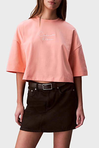 Calvin Klein Cropped Boxy Chain Stitch Logo Orange Women's T-Shirt