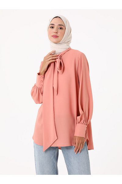 Refka Tunic with Tie Collar - Salmon -