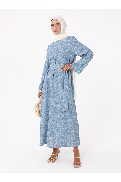 Refka Printed Hijab Dress - Blue -