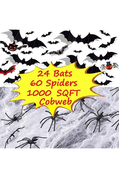 Fyvadio Spider web set with 60 spiders and 24 decorative bats Fyvadio, cotton/plastic/PVC