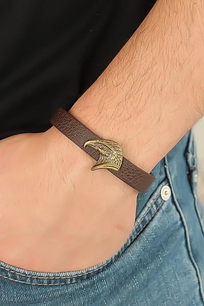 Celira Brown Leather Men's Bracelet with Antique Color Metal Eagle Accessory