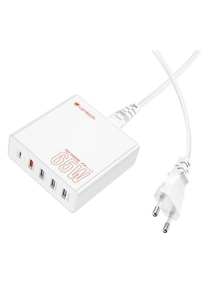 Lamtech GaN Fast Charge Network Charger, PD, 65W, 1xUSB Type-C, 4xUSB QC3.0, White