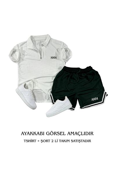 ANSECO STUDİO Unisex White Jersey Fabric No 601 Printed Half Zipper Tshirt Black Extraforlu Shorts Set