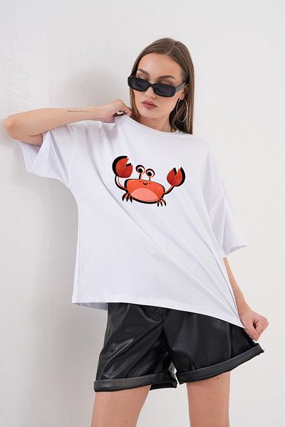 JANSO GROUP -Women Cotton Printed Crab Short Sleeve Tshirt Oversize Big Size