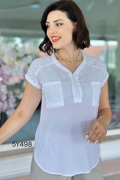 İnce Topuk Shoulder Pocket Embroidered Voile Cotton Linen Blouse 5Y498
