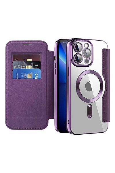 SKYDDAR INNOVATION Case for iPhone 13 Pro Max, SmartMag Book, Magsafe, RFiD, Card Holder, sticker set, Purple