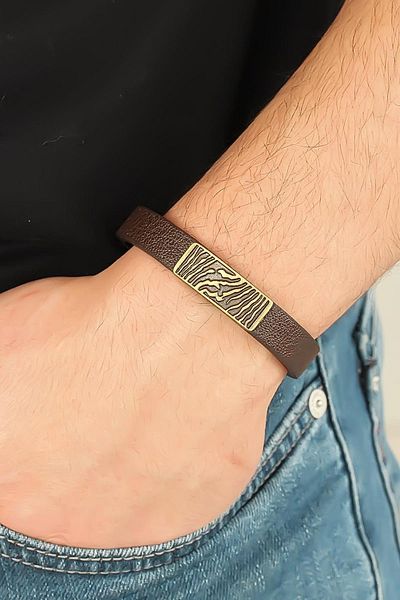 Celira Brown Leather Men's Bracelet with Tumbled Metal Zebra Accessories