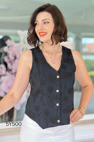 İnce Topuk Embroidered Süzene Linen Vest 5Y500