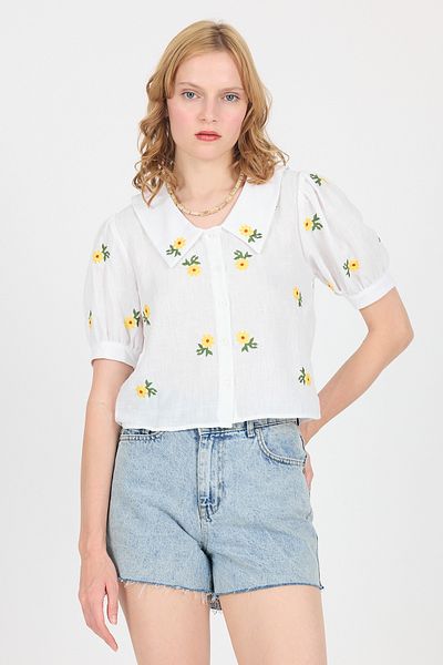 Rays Bluză cămașă din muselină din bumbac 100% brodată cu margarete albe 0391