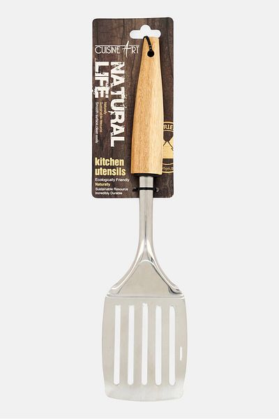 Cuisine Art Stainless Steel Slotted Turner with Acacia Wood Handle, Silver