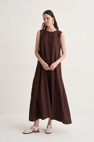 EBU Prive Kadın Cupra Dökümlü Pamuklu Sıfır Kol Elbise Acı Kahve