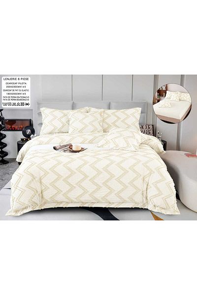 trendyhome Bed Linen, Fine Cotton, IN Grofat Latos, 6 Pieces, Lines, Beige/Cream, P23681-Elastic