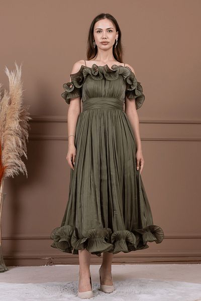 giyimmasalı Chiffon Fabric Flounce Detailed Midi Dress - Khaki Green