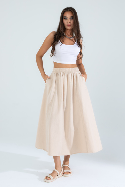 Suzella Women's Stone 100% Cotton Linen Pocket Skirt