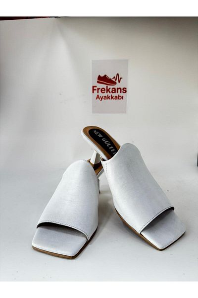 NEWGÜLTEKİN Genuine Leather White Elegant Heels Comfortable Stylish Slippers