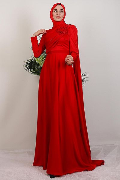 GİYZAMİLA Alaz Satin Rose Evening Dress Red