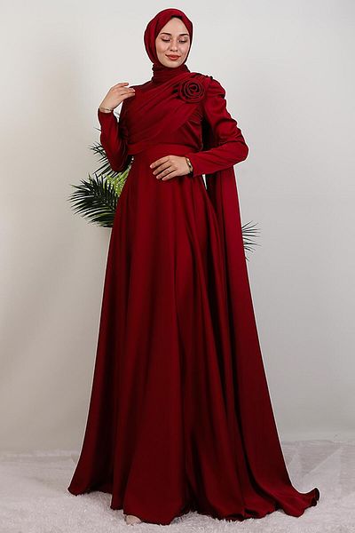 GİYZAMİLA Alaz Satin Rose Evening Dress Burgundy