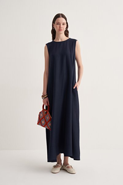 EBU Prive Γυναικείο φόρεμα Cupra από βαμβακερό ντραπέ με μηδενικό μανίκι σε μπλε ναυτικό