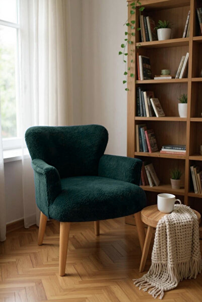 Azra Mobilya Modern Yeşil Teddy Kumaş Rahat Berjer Tekli Koltuk – Yumuşak Dokulu, Ahşap Ayaklı