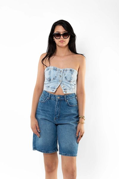 Bak Moda Ice Blue Denim Crop with Button Closure