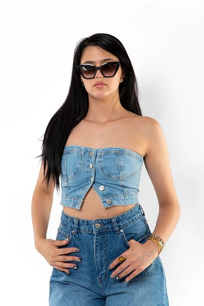 Bak Moda Blue Denim Crop with Button Closure