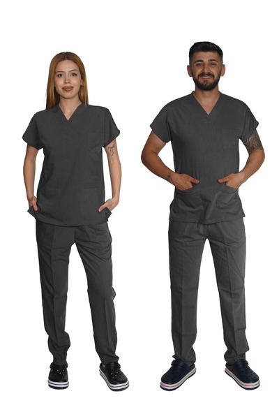 Marka LİKRALI UNİSEX HEMŞİRE VE DOKTOR SCRUBS TAKIM KIRÇILLI GRİ