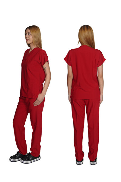 Marka LİKRALI UNİSEX HEMŞİRE VE DOKTOR SCRUBS TAKIM KIRMIZI