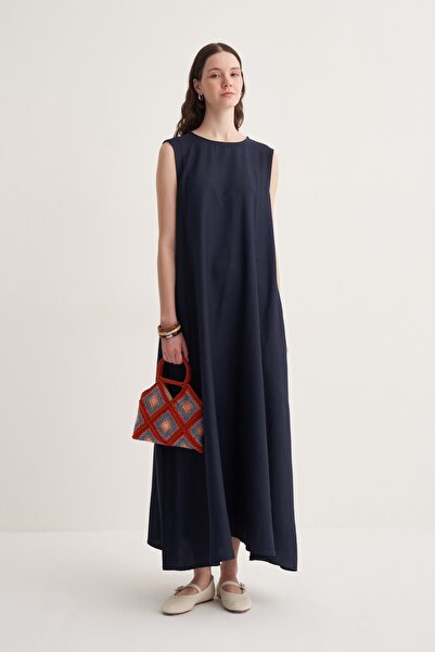 EBU Prive Γυναικείο φόρεμα Cupra από βαμβακερό ντραπέ με μηδενικό μανίκι σε μπλε ναυτικό