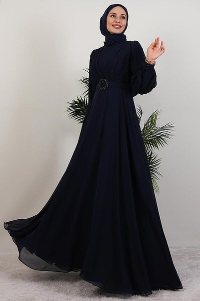 GİYZAMİLA Tuğba Chiffon Dress Navy Blue
