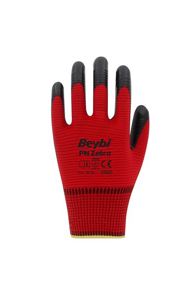 Beybi Pn Zebra Red Nitrile Coated Work Gloves - Pack of 12 |   Flexible & Durable Protection