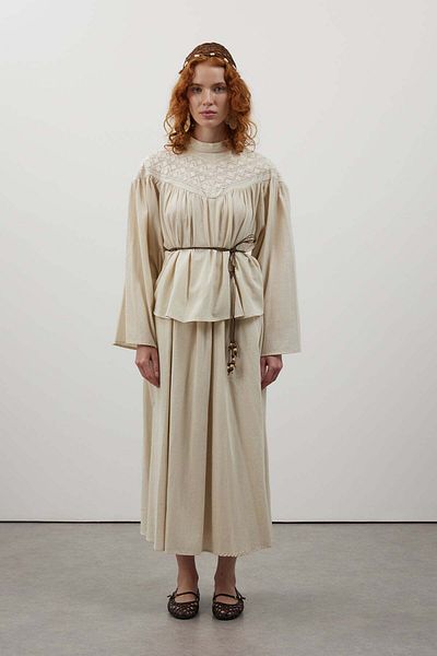 FUSHYA Collar Lace Detailed Skirt Suit