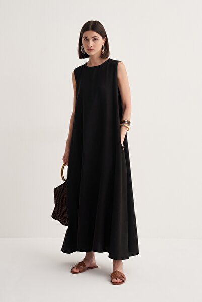 EBU Prive Γυναικείο φόρεμα Cupra από βαμβακερό ντραπέ με μηδενικό μανίκι μαύρο