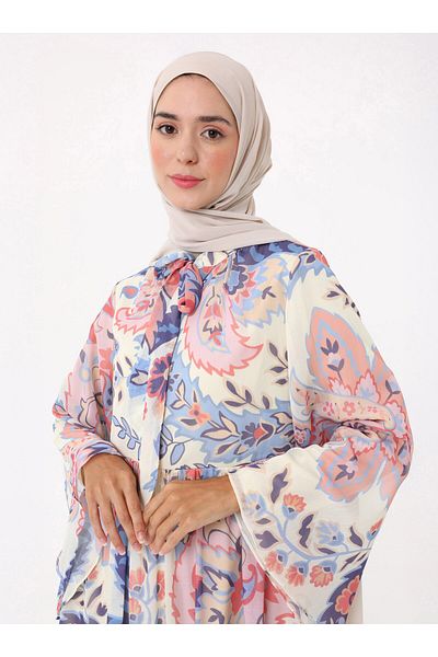 Refka Floral Printed Chiffon Hijab Dress - Blue - Pink -