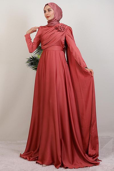 GİYZAMİLA Alaz Satin Rose Evening Dress Coral