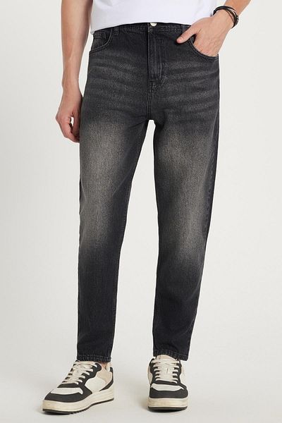 Tudors Ανδρικό Relax Fit Wide Cut Tube Leg Denim Washed Grinding Stretchy μαύρο τζιν παντελόνι