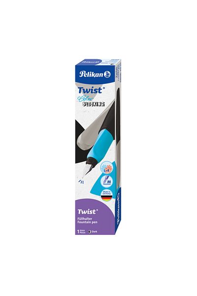 Pelikan Twist Color Blocking Dark Fountain Pen, Medium Nib, Ergonomic Grip, Ambidextrous, 1 Large Cartridge