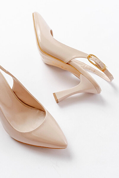 Budi 719 Beige Patent Leather Pointed Toe Buckle Detailed Heeled Women's Shoes