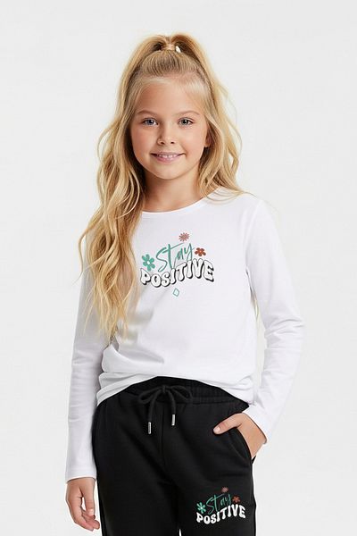 FYK KİDS Round Neck Stay Positive Printed Girl's Bottom-Up Set