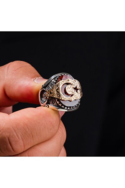 QubbeSilver Ay Yıldız İşlemeli Kırmızı Zirkon Taşlı 925 Ayar Gümüş Erkek Yüzüğü