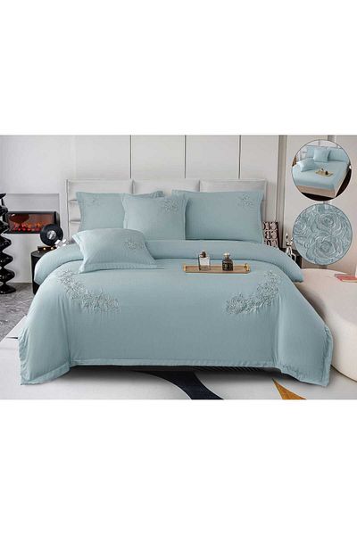 trendyhome Bed Linen, Smooth Fine Cotton, Embroidery, 6 Pieces, Plain, Turquoise, P23686-Elastic