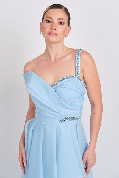 Saygın Women's One Shoulder Detailed Chiffon Fabric Maxi Evening Dress 5614 Blue
