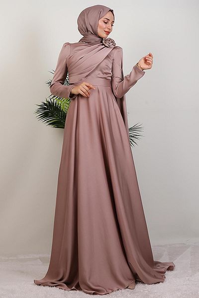 GİYZAMİLA Alaz Satin Rose Evening Dress Powder