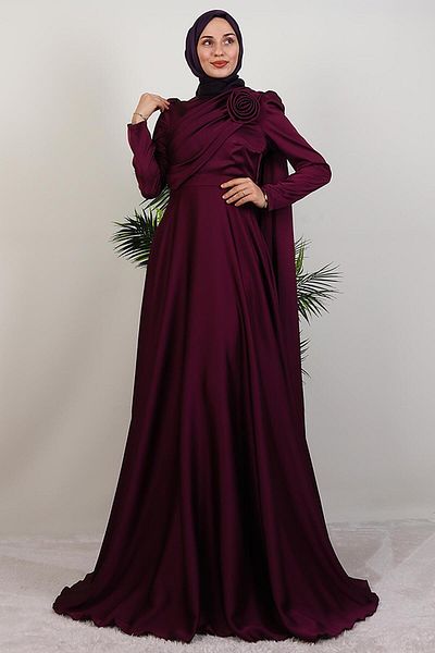 GİYZAMİLA Alaz Satin Rose Evening Dress Purple